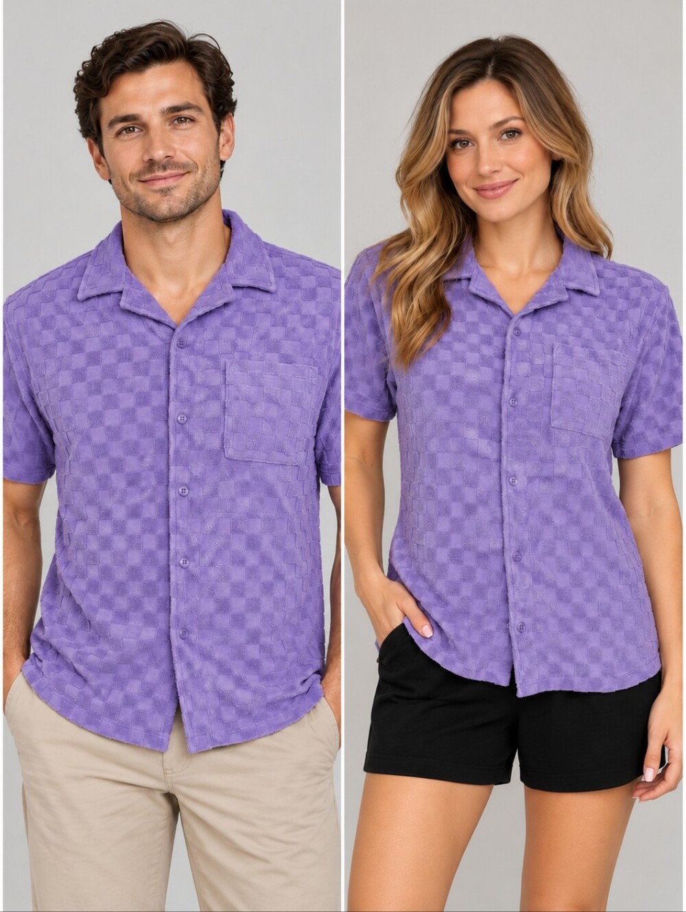 ORIGINAL USE Unisex Lavendar Check-Texture Terry Cloth Short Sleeve Shirt